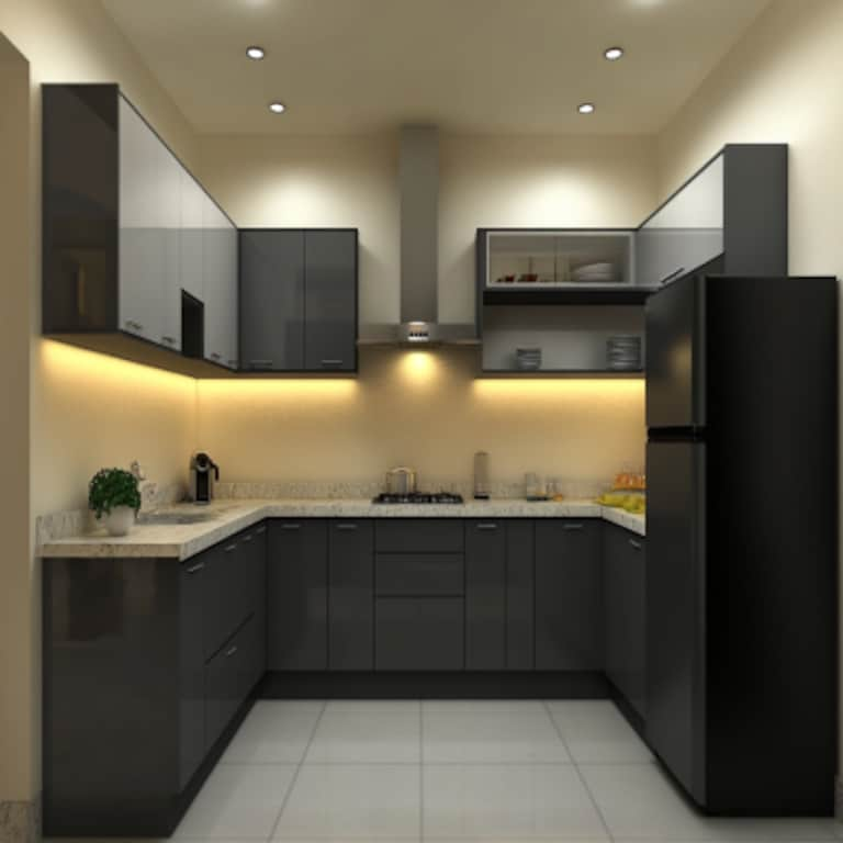 Modern Grey U-Shaped Kitchen Design with Quartz Countertop