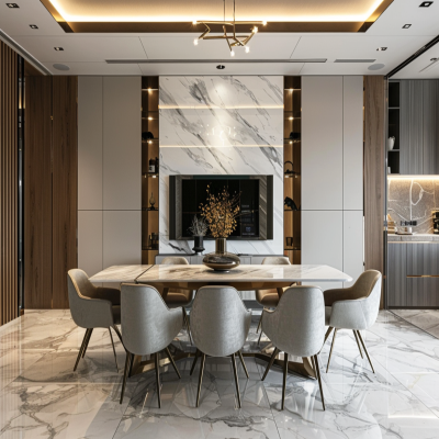 Contemporary 8-Seater Marble And Light Grey Dining Room Design With TV Unit