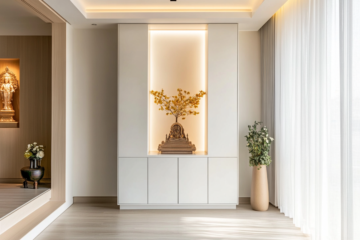 Modern All-White Mandir Design With Tall Storage Unit