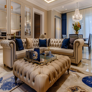 Contemporary Beige And Blue Living Room Design With Chesterfield Sofa