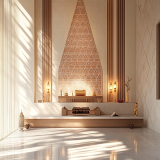 Modern Champagne-Toned Floor-Mounted Mandir Design With Geometric Backdrop