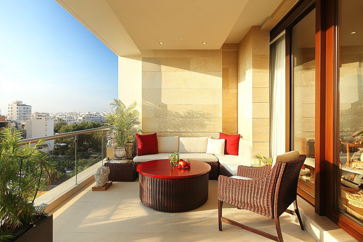 Contemporary Balcony Design with Beige Accent Wall and Red 4-Seater Round Table