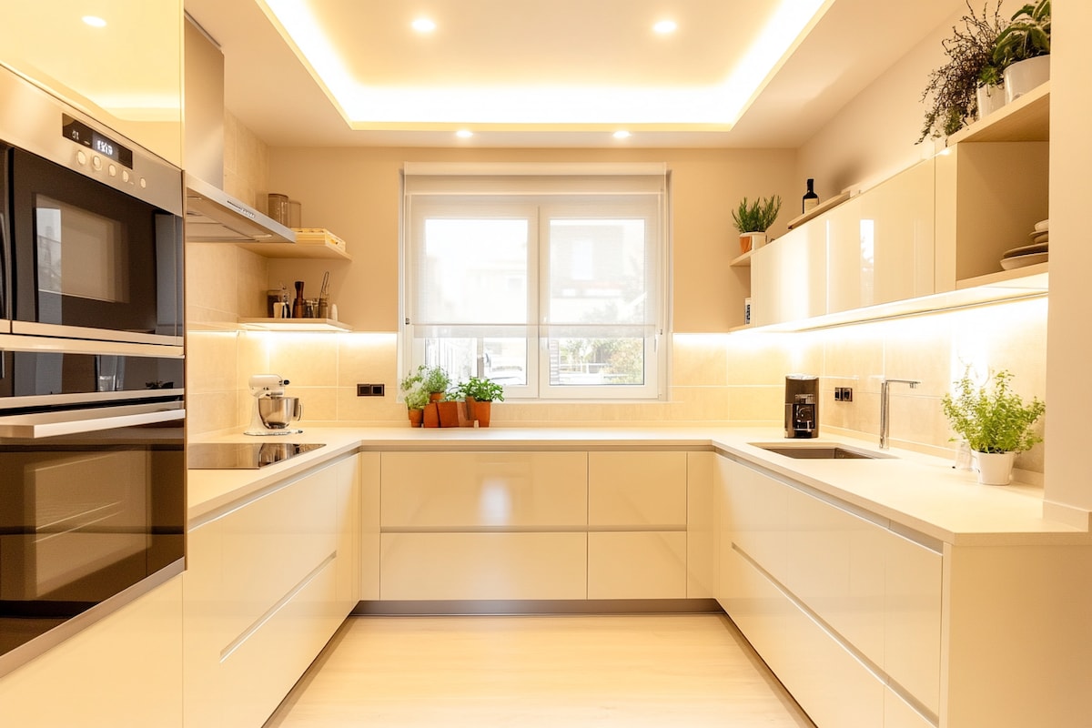 Minimal U-Shaped Kitchen Design with Cream Cabinets