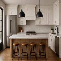 Contemporary Beige L Shaped Kitchen with Textured Tile Backsplash