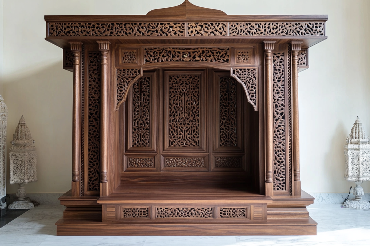 Traditional Walnut Bronze Mandir Design With CNC Cut Door Pattern