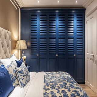 Modern Blue 6-Door Swing Wardrobe Design With Glass Shutters