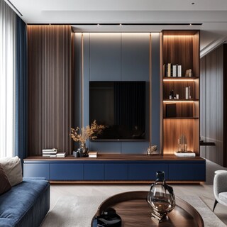 Modern Blue and Dark Wood TV Unit Design with Cabinet Storage