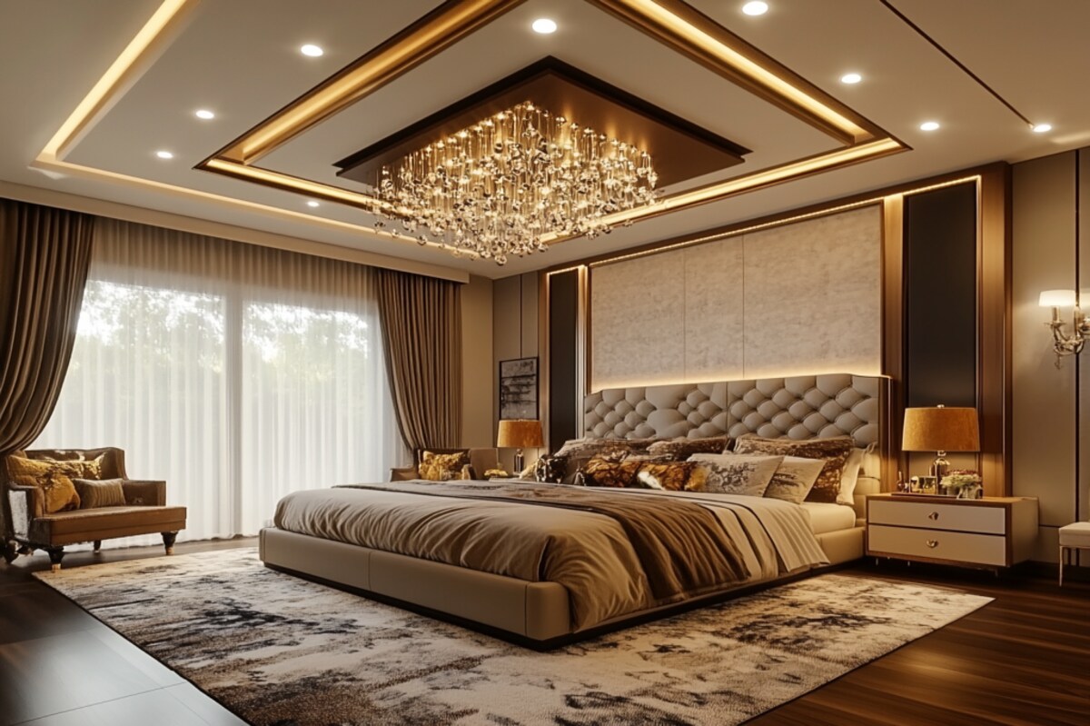 Eclectic Double-Layered Bedroom False Ceiling Design With Chandelier