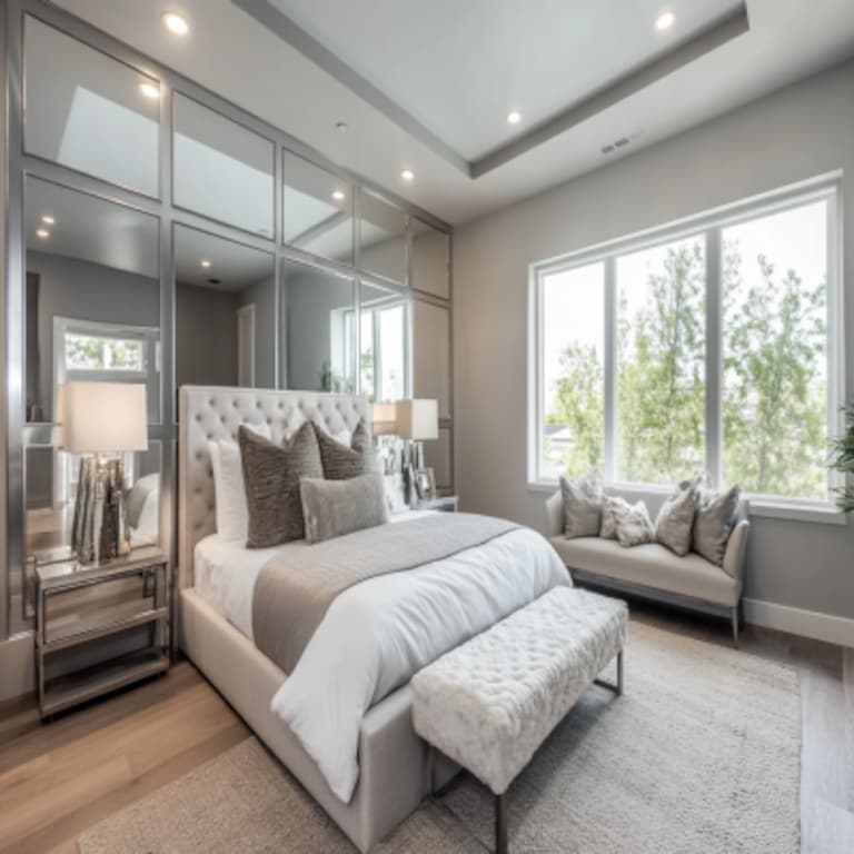 Modern Master Bedroom Design With Silver Accent Wall And Mirrored Panels