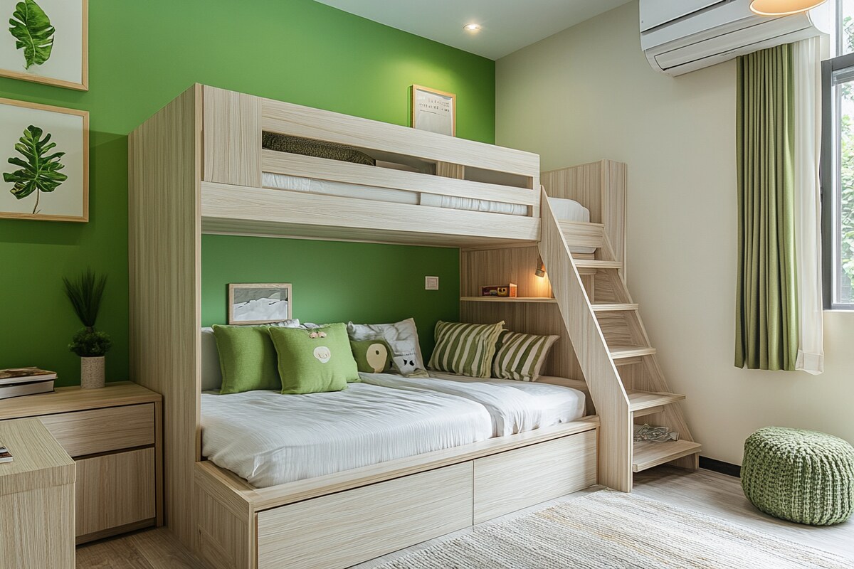 Minimal Kids Bedroom Design with Bunk Bed and Green Walls