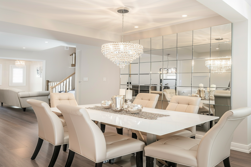 Contemporary White And Beige 6-Seater Dining Room Design With Bevelled Mirror Accent Wall