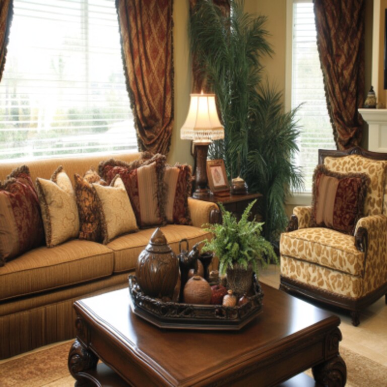 Classic Living Room Design With Brown Sofa And Patterned Accent Chair