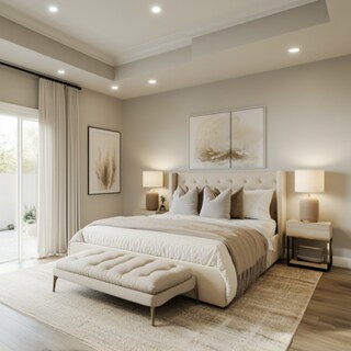 Modern Master Bedroom Design With Cream Bed & Light Grey Walls