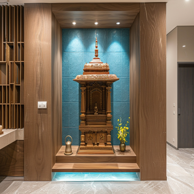 Contemporary Floor-Mounted Wooden Mandir Design With Blue Wall Niche