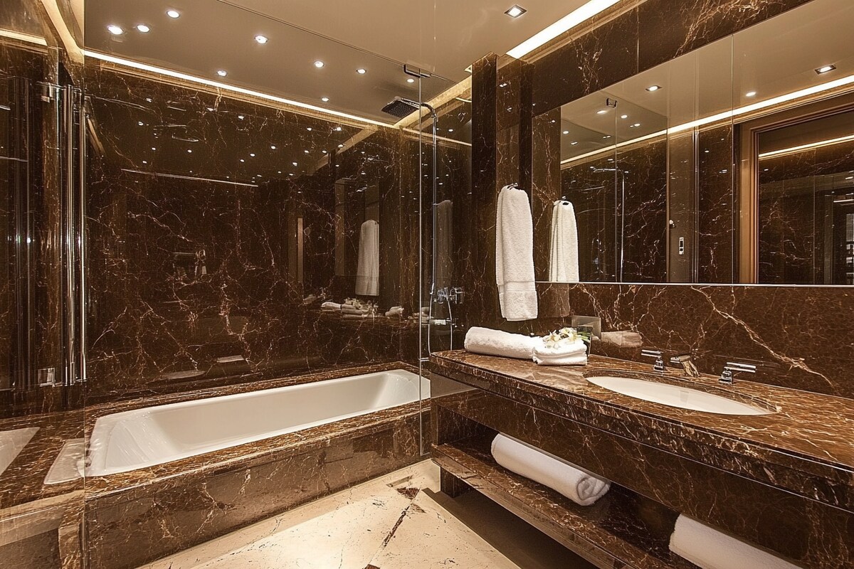 Contemporary Marble Glossy Bathroom Tile Design In Brown Contemporary Marble Glossy Bathroom Tile Design In Brown