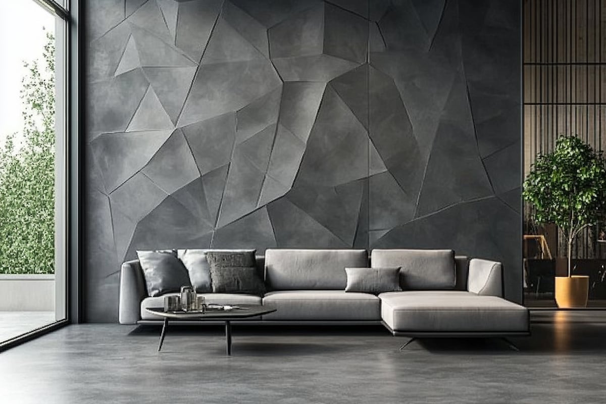 Modern Grey Living Room Wall Design With Geometric Panelling