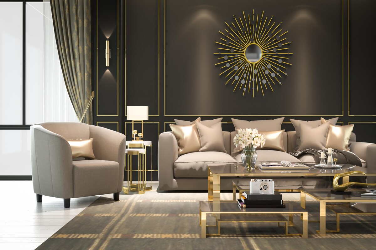 Gleaming Black and Gold Living Room Design With Beige Sofa Set Gleaming Black and Gold Living Room Design With Beige Sofa Set