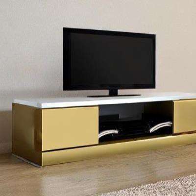 Modern TV Unit Design in Gold Laminate with Wooden Floors