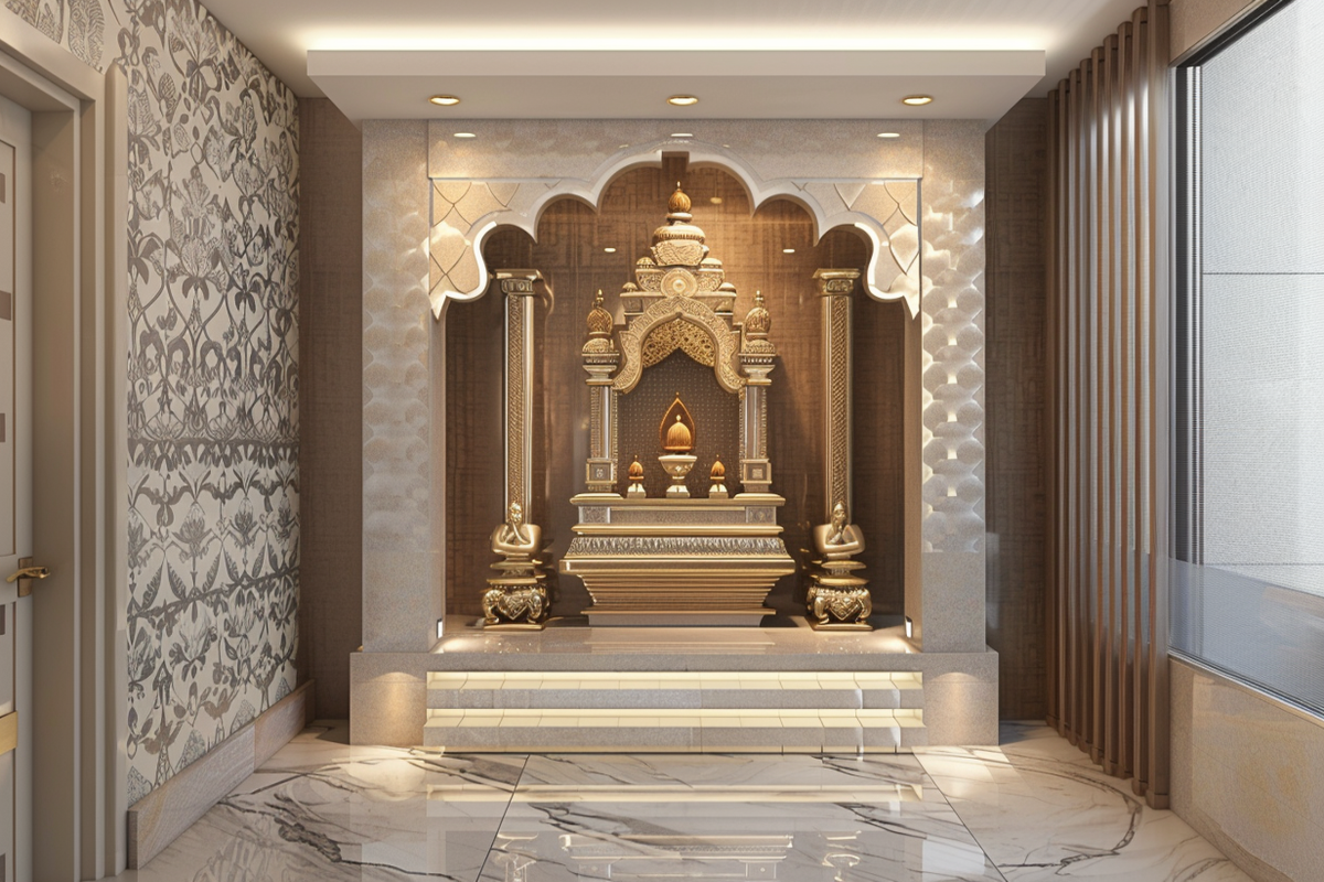 2 Modern Wood And Champagne-Toned Floor-Mounted Mandir Design With Grey Patterned Wallpaper