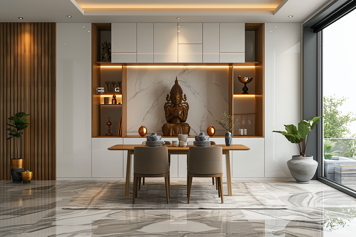 Contemporary Dining Room Design With 6-seater Blue And White Table