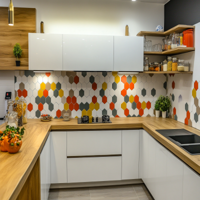 Modern White And Wood Modular Indian Kitchen Design With Colourful Hexagon Backsplash