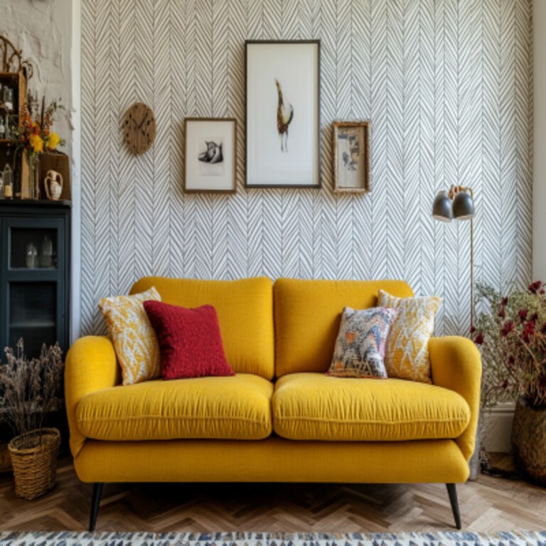 Contemporary Living Room Design With 2-Seater Yellow Sofa And Herringbone Patterned Wallpaper