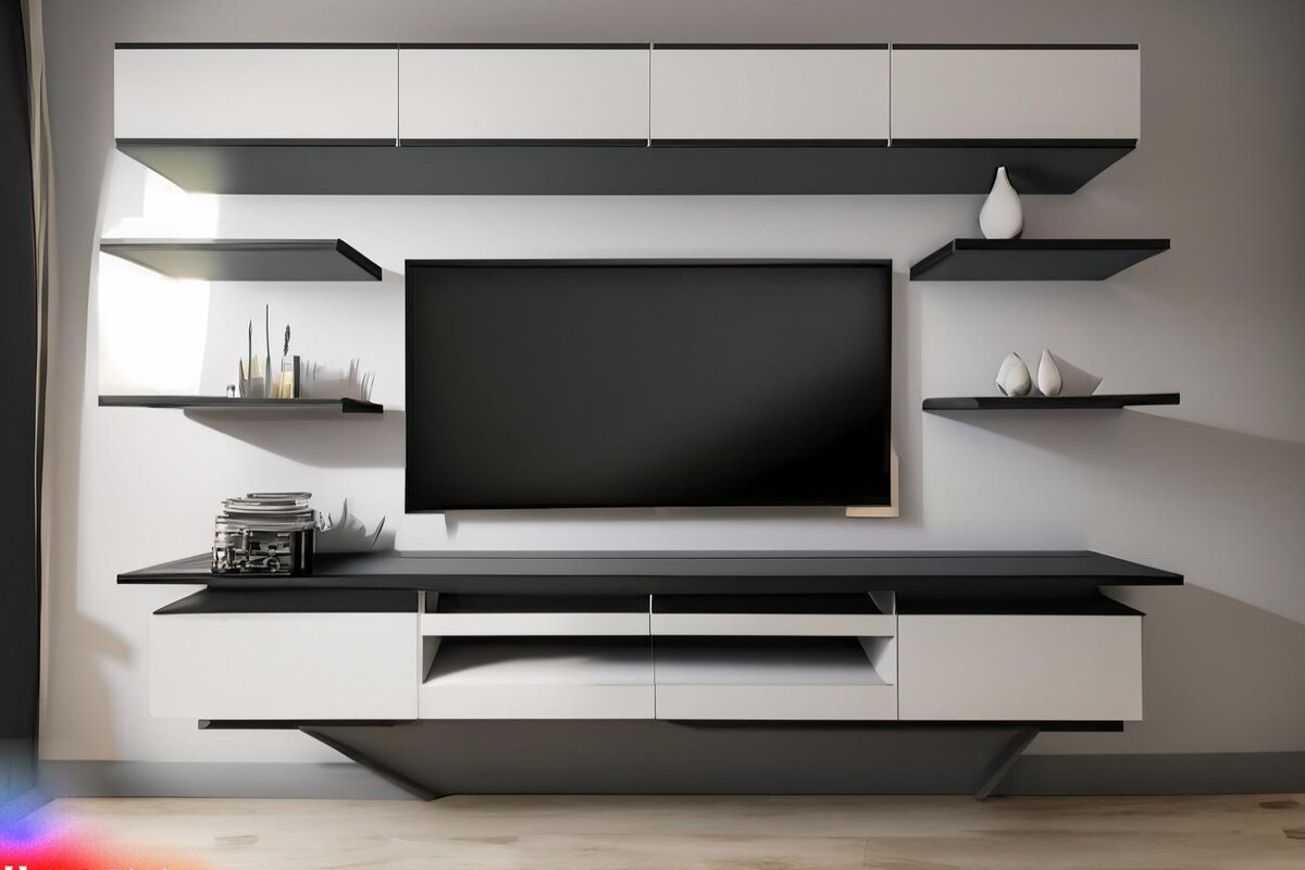 Modern TV Unit Design in Grey and White Laminate with Floating Shelves Modern TV Unit Design in Grey and White Laminate with Floating Shelves