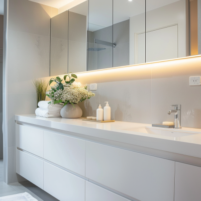 Contemporary Bathroom Design With Corian Bathroom Countertop And White Cabinet