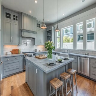 Modern L-Shaped Kitchen Design With Silver and Grey Units