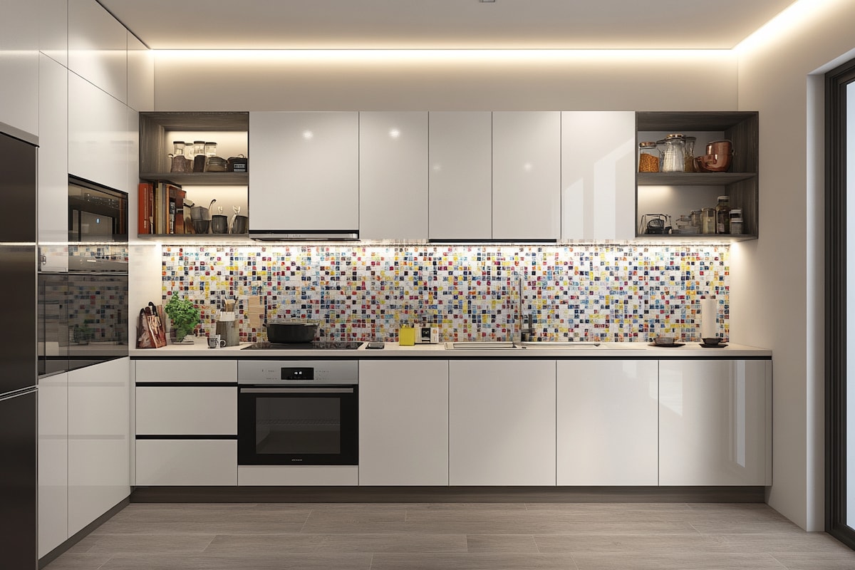 Contemporary Straight Kitchen Design with Multicoloured Mosaic Tile Accent