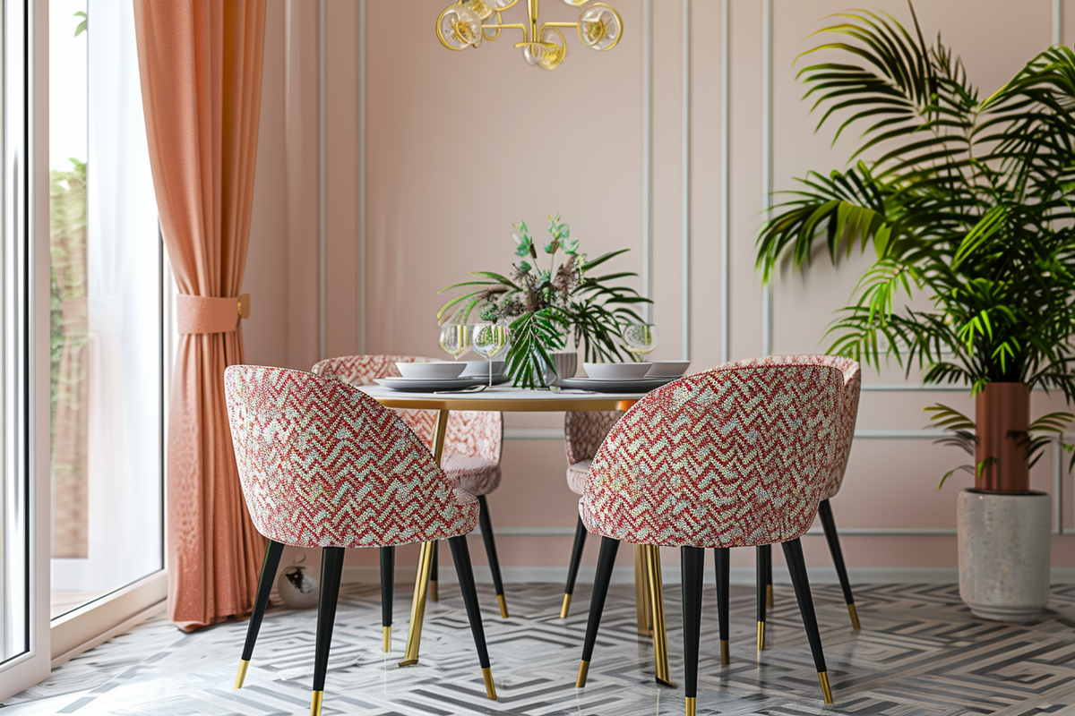 Minimal 4-seater Pink And Beige Dining Room Design With Patterned Chair