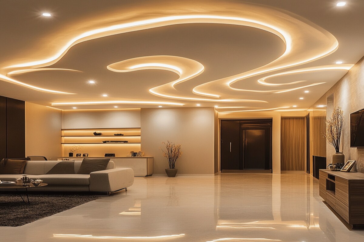 Modern Layered Gypsum False Ceiling Design For Hall With Cove Lights