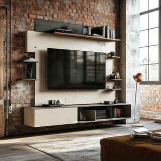 Industrial Wall-Mounted TV Unit Design with Champagne and White Finish