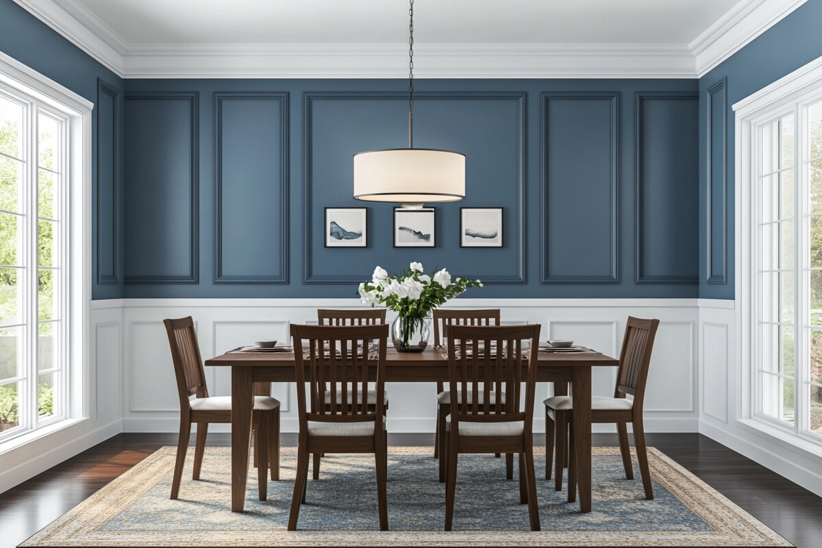 Contemporary Blue Wall Paint Design With Trims For Dining Room