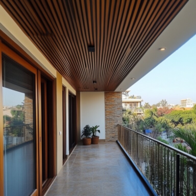 Tropical Balcony Wooden False Ceiling With Grooves