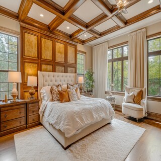 Modern Beige And Wood-Panelled Master Bedroom Design With Textured Paint And Gold Stripes