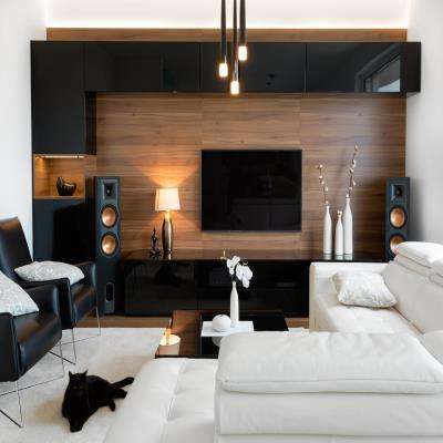 TV Cabinet In Living Room Featuring Black, Brown and White Shades