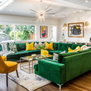 Contemporary Living Room Design With Green Sectional Sofa And Yellow Accent Chair