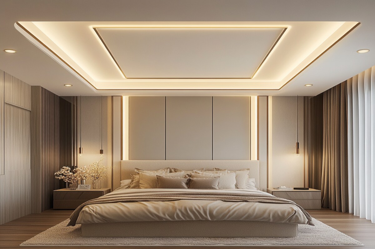 Modern Gypsum Double-Layered Tray Bedroom Ceiling Design With Recessed Lights