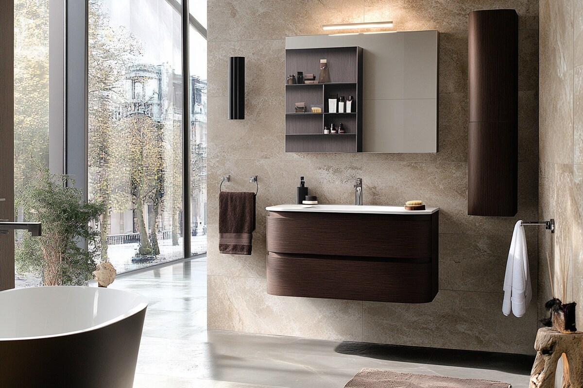 Contemporary Small Bathroom Design Idea With Coffee Brown Vanity Unit