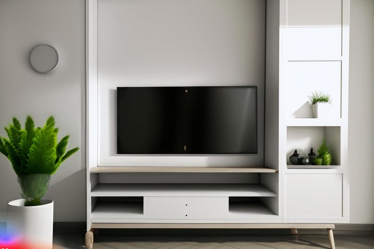 Modern TV Unit Design in Matte White Laminate Modern TV Unit Design in Matte White Laminate