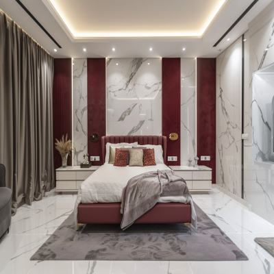 Contemporary White And Maroon Master Bedroom Design With Marble Wall Panel