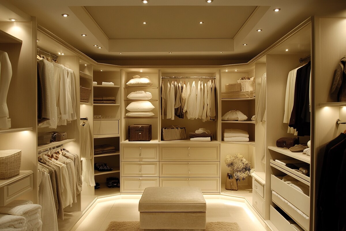 Contemporary Walk-In Wardrobe in Irish Cream with Suede Finish