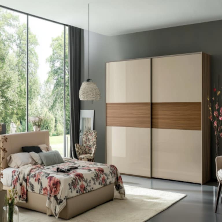 Modern Master Bedroom Design With Light Brown Sliding Wardrobe And Floral Accent Chair