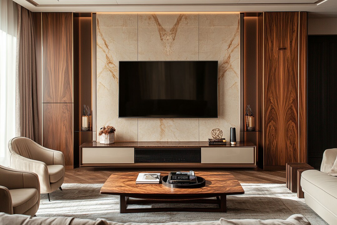 Contemporary Champagne-Toned And Wooden TV Unit Design With Marble ...