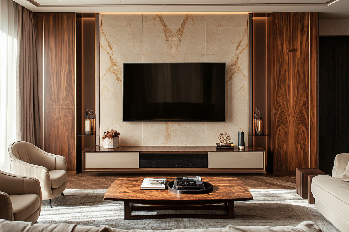 Contemporary Champagne-Toned And Wooden TV Unit Design With Marble Finish And Patterned Wooden Wall Panels