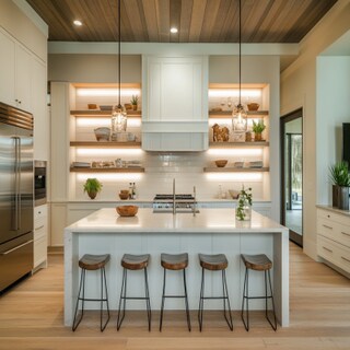 Contemporary Island Kitchen Design with Off-White Cabinets