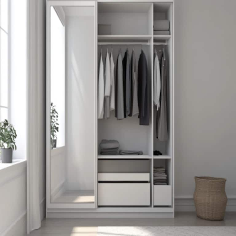 Minimal White Sliding Door Wardrobe With Mirror And Storage Unit