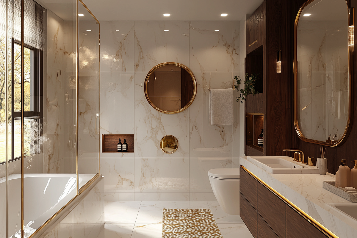 Modern White And Brown Bathroom Design With Gold-Framed Mirror