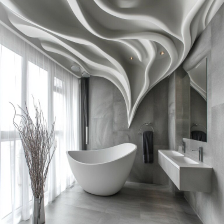 Modern Grey And White Bathroom Design With False Ceiling